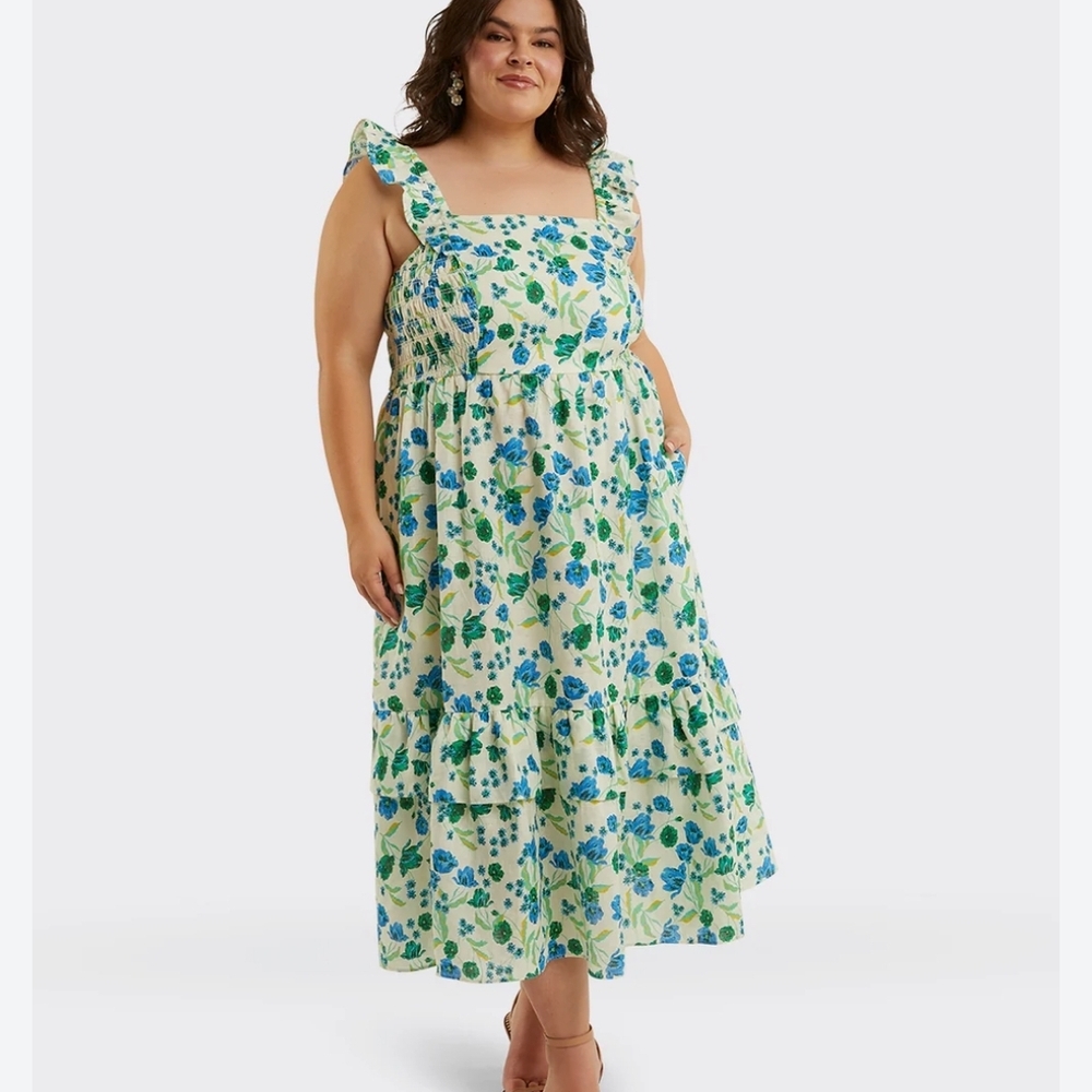 NWT Draper James, Floral Blue and Green, Ruffle Linen Maxi Dress, 24W (3X)